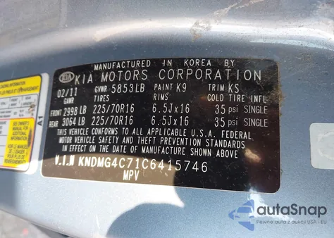 2012 Kia Sedona Lx z USA, uszkodzony, nr VIN KNDMG4C71C6415746